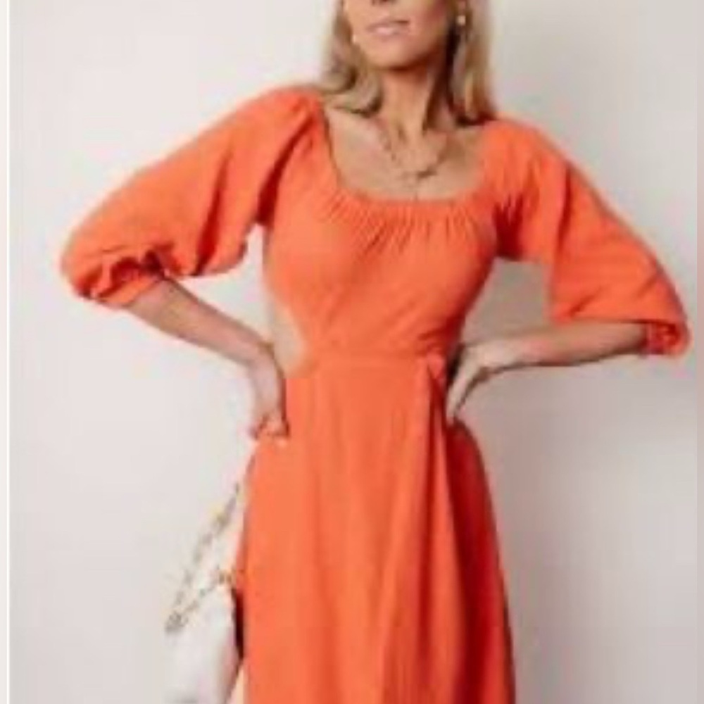 Bohme Laurene open back puff sleeve midi dress in coral size XL